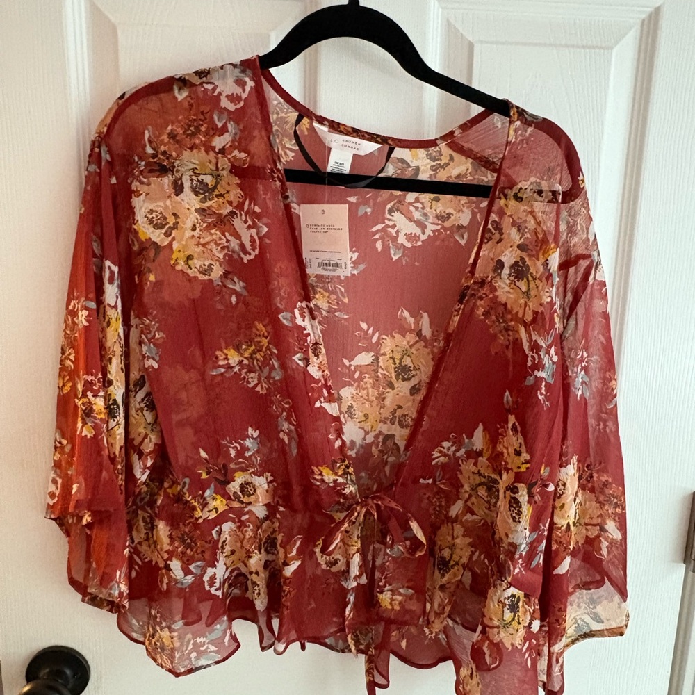 LC Lauren Conrad Orange Tie Front Ruffled Blouse